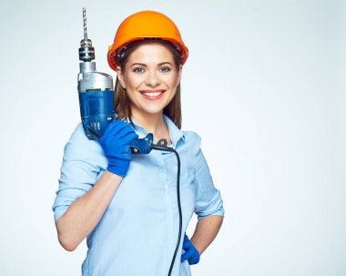 İşçisi matkap ile gülümseyen kadın Oluşturucu