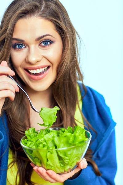 Woman eating salad with pleasure. — Stock Photo, Image