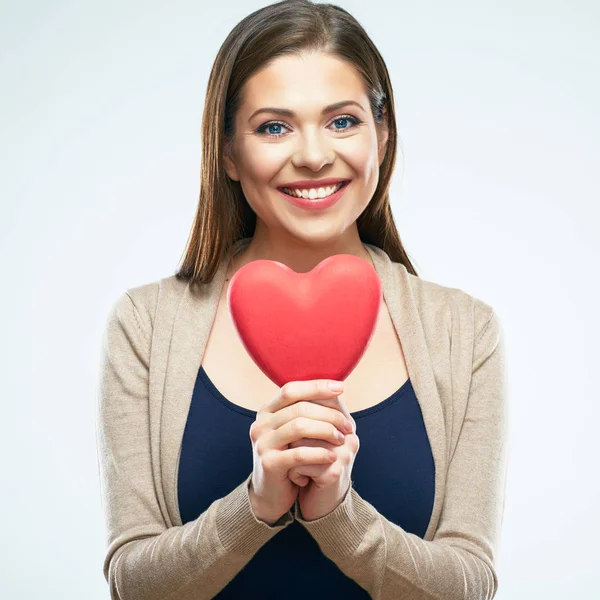 Beautiful woman hold red heart. Valentine day love concept. — Stock Photo, Image
