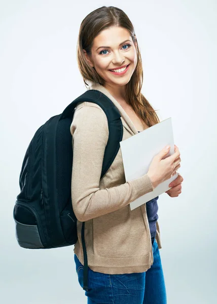 Student vrouw geïsoleerde portret. Lachende meisje — Stockfoto