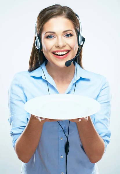 Sourire femme travailleur ligne d'assistance, opérateur de centre d'appels tenir blanc em — Photo