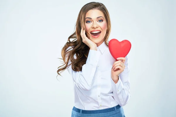 Happy woman hold red heart. Long curly hair. Beautiful female m — Stock Photo, Image