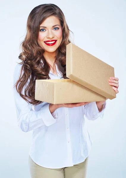 Young woman isolated portrait with open box — Stock Photo, Image
