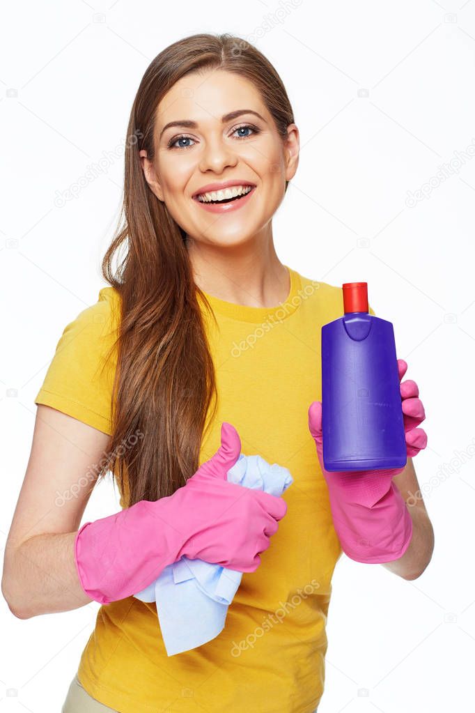 Thumb up housewife show holding cleanser. Bottle with copy space for you logo. White background isolated.