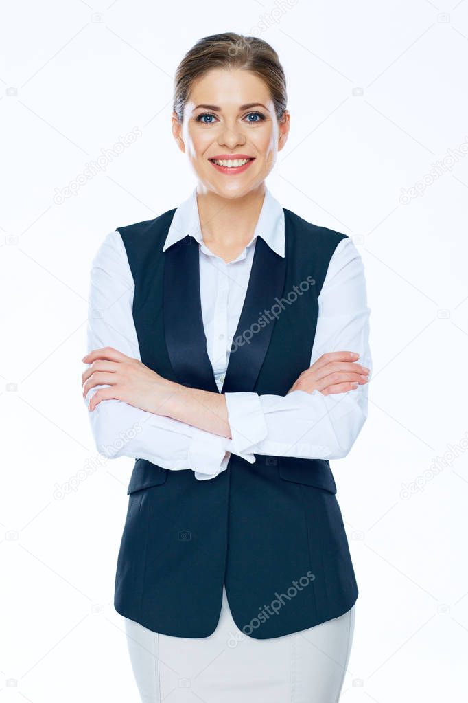 Smiling bisiness woman white shirt and vest dressed.