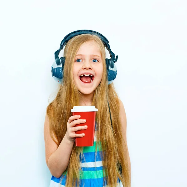 Funny portrait of little girl with coffee cup. Little model wit — Stock Photo, Image