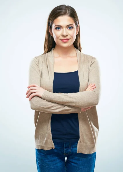 Isolated portrait of casual dressed woman. Smiling positive emo — Stock Photo, Image
