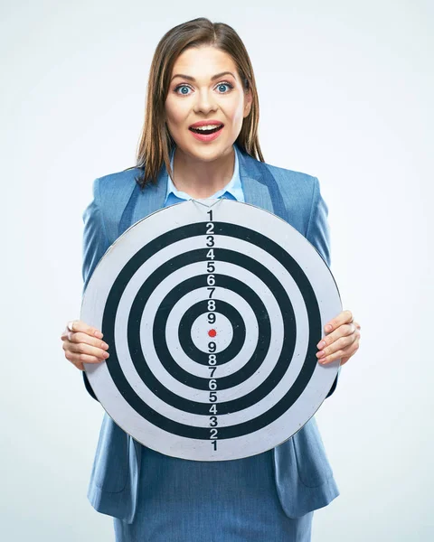 Young surprised  business woman holding target. — Stock Photo, Image