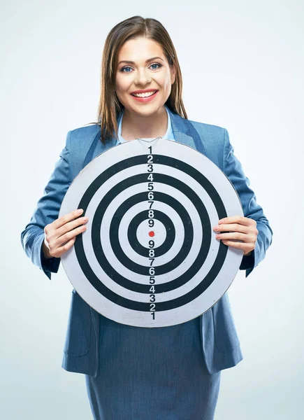 Ler business woman holding mål. Isolerade studio porträtt — Stockfoto