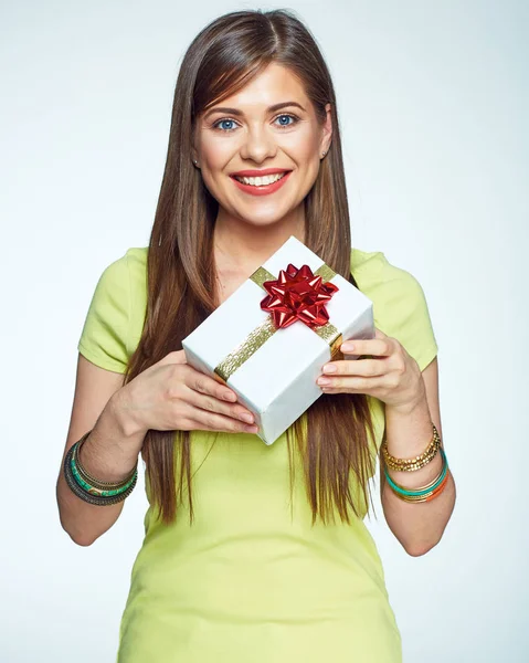 Smiling woman hold gift box. Isolated white background portrait — Stock Photo, Image