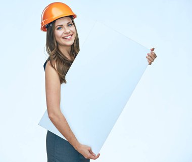 Beyaz adertising bann sunulması gülümseyen iş kadın Oluşturucu