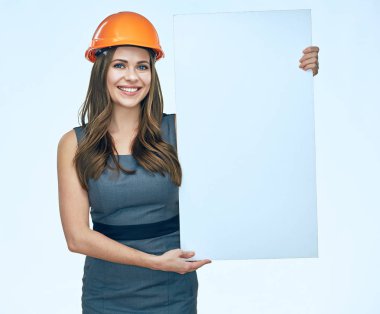 Beyaz adertising bann sunulması gülümseyen iş kadın Oluşturucu