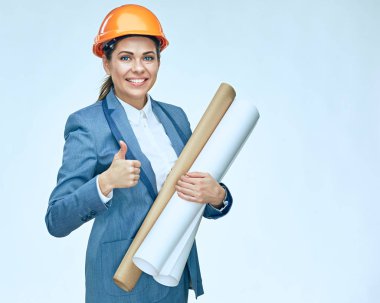 Gülümseyen başparmak gösterilmesini mühendis mimar kadın. Yalıtılmış bağlantı noktası