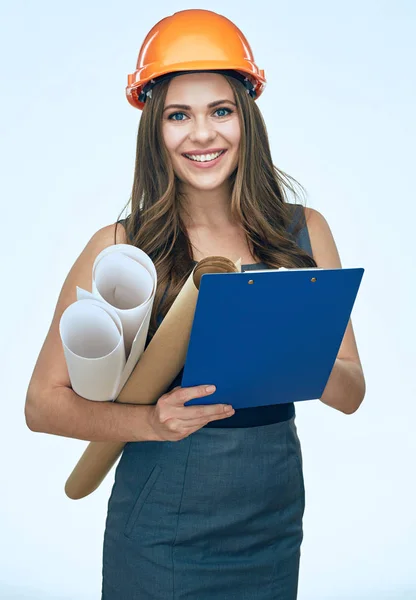 woman architect holding blueprints and clipboard