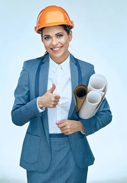 Architekt žena ukazuje palec — Stock fotografie