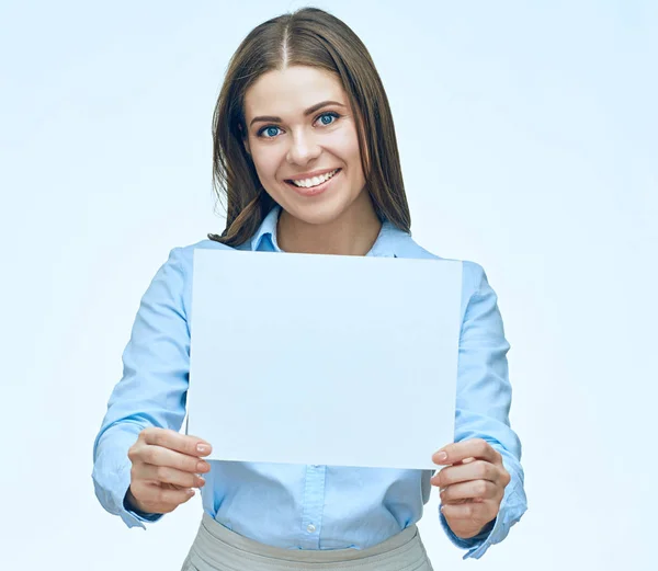 Business woman holding white blank banner. — Stock Photo, Image