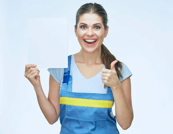 Retrato isolado de mulher arquiteta, construtor com placa de sinalização . — Fotografia de Stock