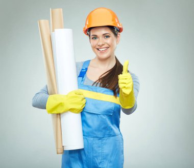 Kadın builder mimar başparmak sırıtmak.