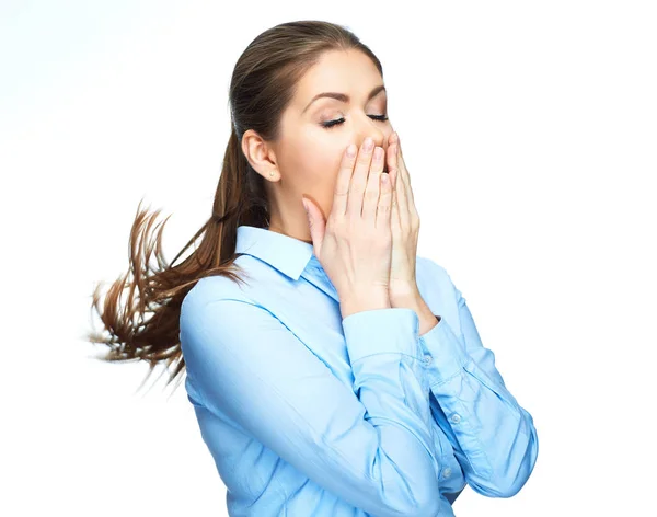 Überraschende Geschäftsfrau im blauen Hemd — Stockfoto
