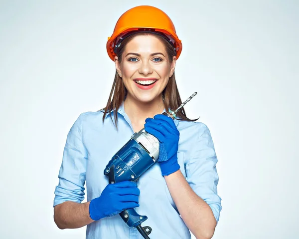 Smiling woman builder worker with drill — Stock Photo, Image