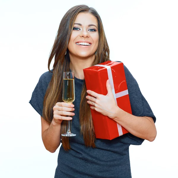 Smiling young woman in grey dress — Stock Photo, Image