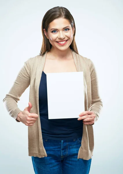 Young Woman Holding White Blank Sign Board Showing Thumb — Stock Photo, Image