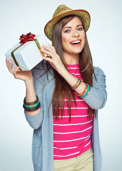 Happy woman holding white gift box — Stock Photo, Image