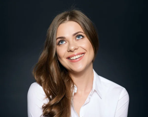 Portrait Happy Smiling Woman Long Hair Looking Black Background — Stock Photo, Image