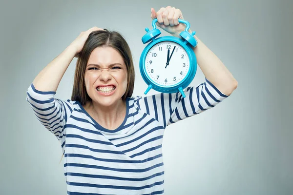 Stressed Woman Holding Alarm Clock Deadline Business Concept — Stock Photo, Image