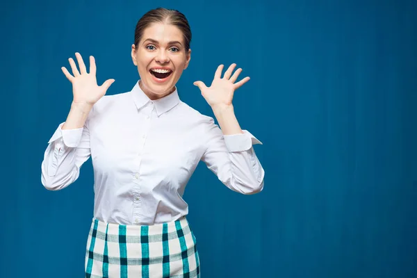 Happy Woman Raised Arms Wearing White Shirt Standing Blue Background — Stock Photo, Image