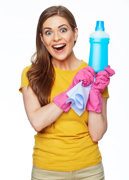Smiling woman in pink gloves — Stock Photo, Image