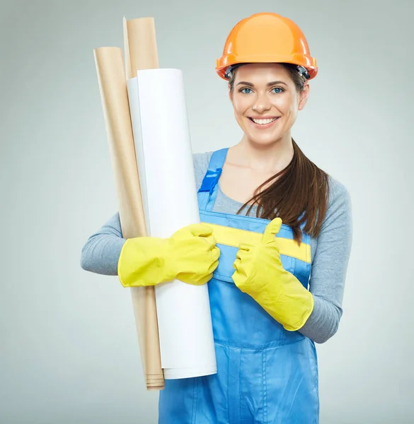Kvinna builder arkitekt visar tummen upp. — Stockfoto