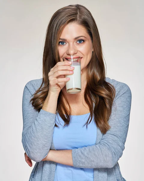 Woman drinking cold milk from glass — Stock Photo, Image