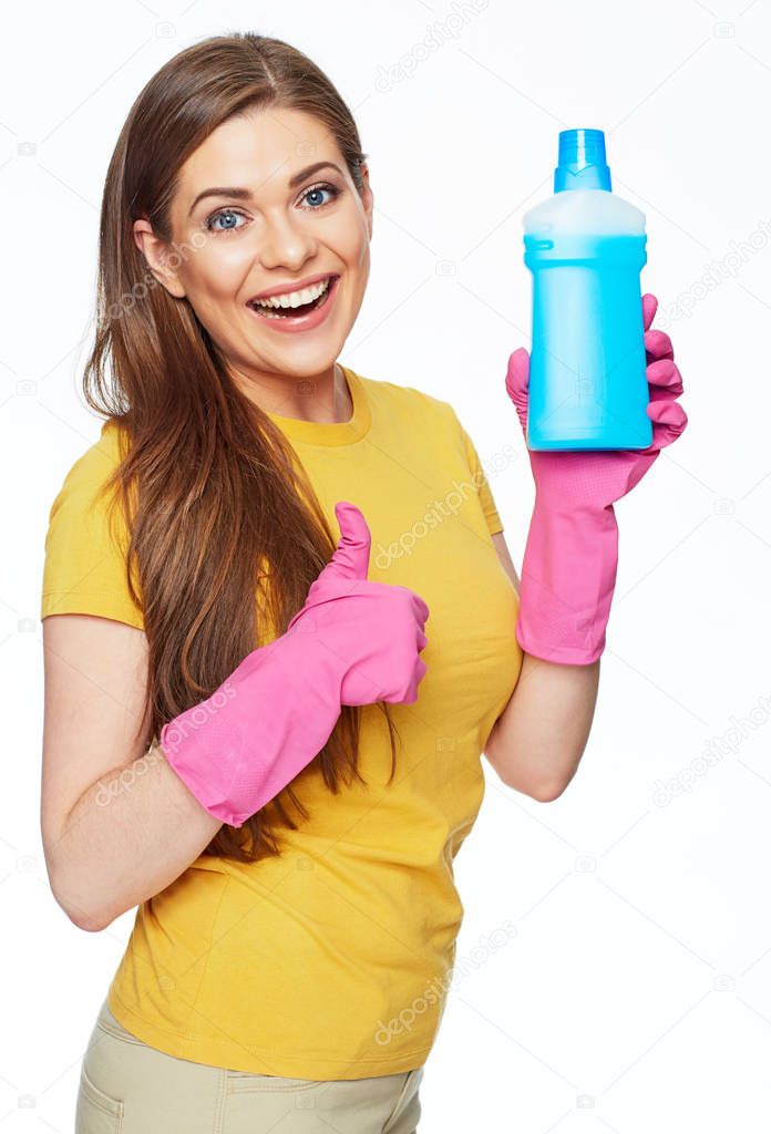 Smiling woman holding bottle of chemistry for cleaning house sho