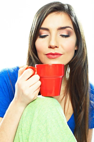 Vrouw met rode koffiekopje — Stockfoto