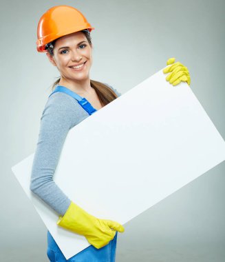 Beyaz bayrak tutan gülümseyen kadın Oluşturucu. 