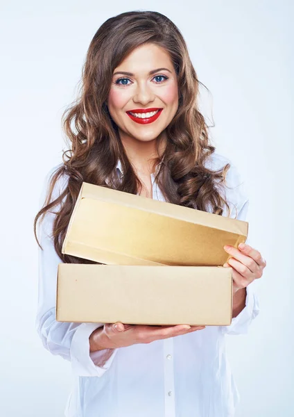 Young woman isolated portrait with open box — Stock Photo, Image