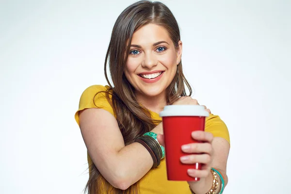 Smiling girl with long hair holding coffee cup. — Stock Photo, Image