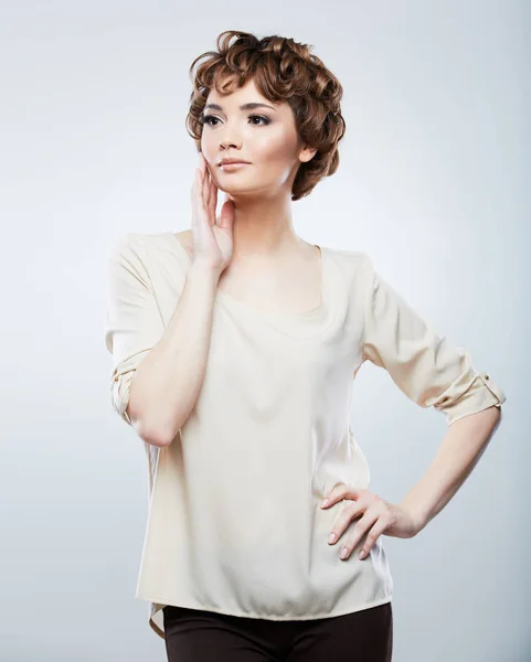 Fashion young model in beige blouse — Stock Photo, Image