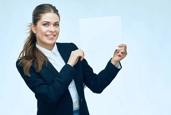 Business woman holding white banner isolated portrait on white b — Stock Photo, Image