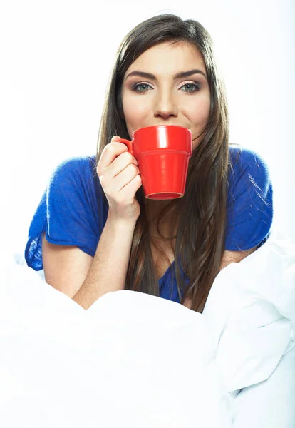 Woman drink coffee in bed. — Stock Photo, Image