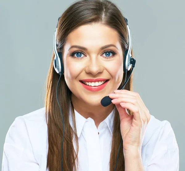 Operador de suporte de call center. Close up retrato da mulher custome — Fotografia de Stock