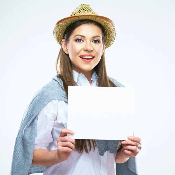 Χαμογελαστή γυναίκα κρατήστε λευκή πινακίδα. Αμερικανική χώρα στυλ — Φωτογραφία Αρχείου