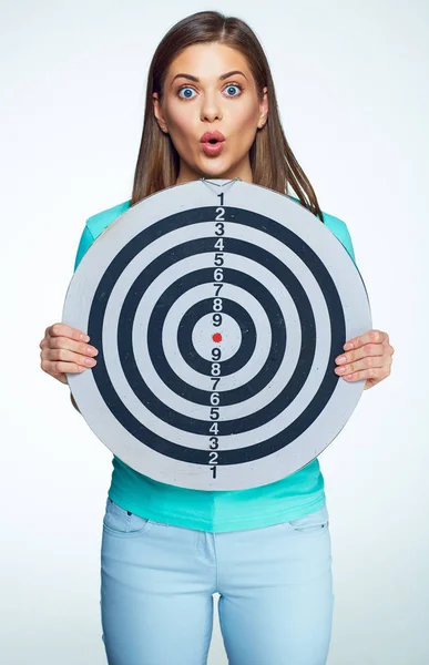 Emotional young woman holding round target. — Stock Photo, Image