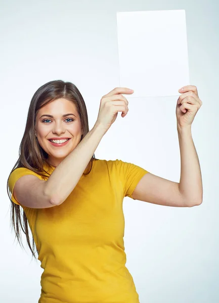 Woman holding white advertising banner — Stock Photo, Image