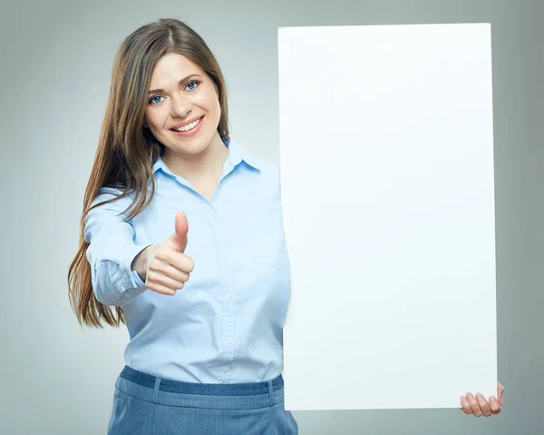 Businesswoman  holding white sign board — Stock Photo, Image