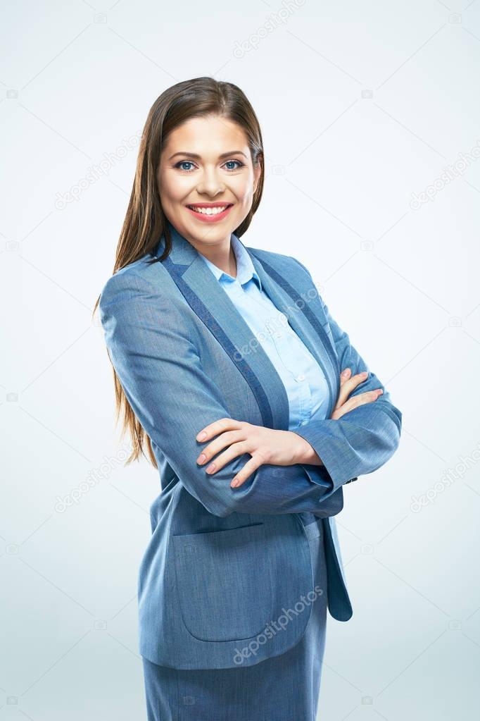 businesswoman in blue suit with crossed arms  