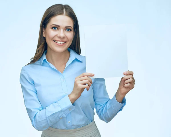 Business woman holding white blank banner. — Stock Photo, Image