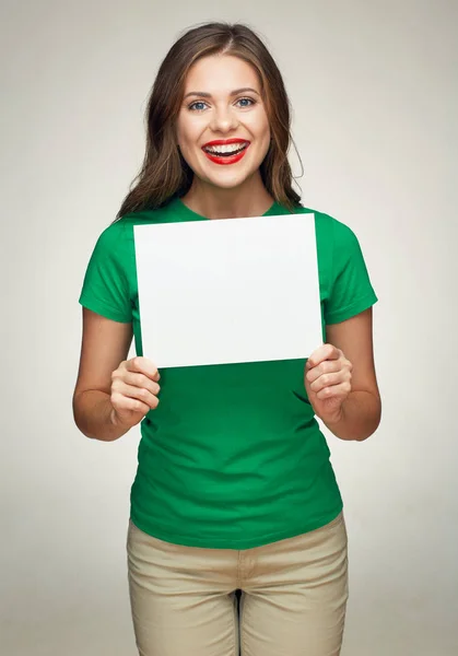 Woman holding white business board — Stock Photo, Image
