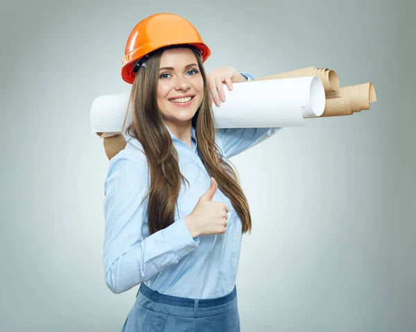 Uilder holding rolou até desenho técnico — Fotografia de Stock